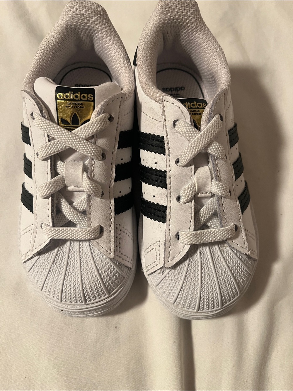 adidas Superstar Kids White & Black Shell Toe Sneakers with Gold Tongue Tab
